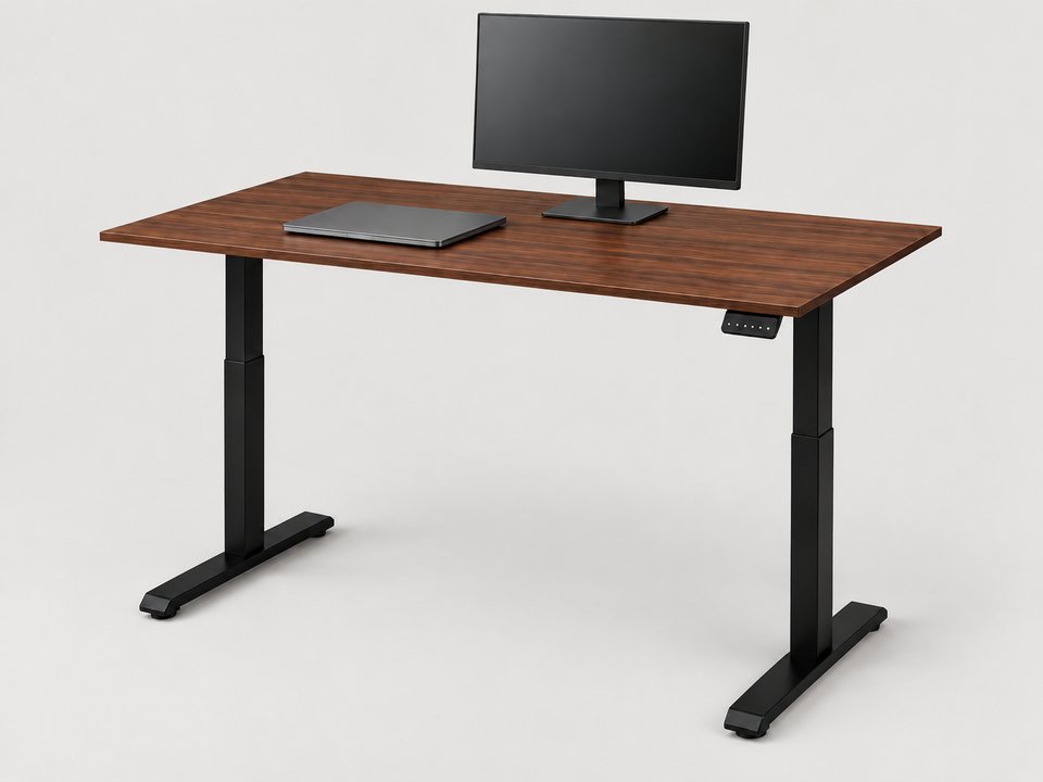 Escritorio elevable Plantify de 1 motor con laptop y un monitor